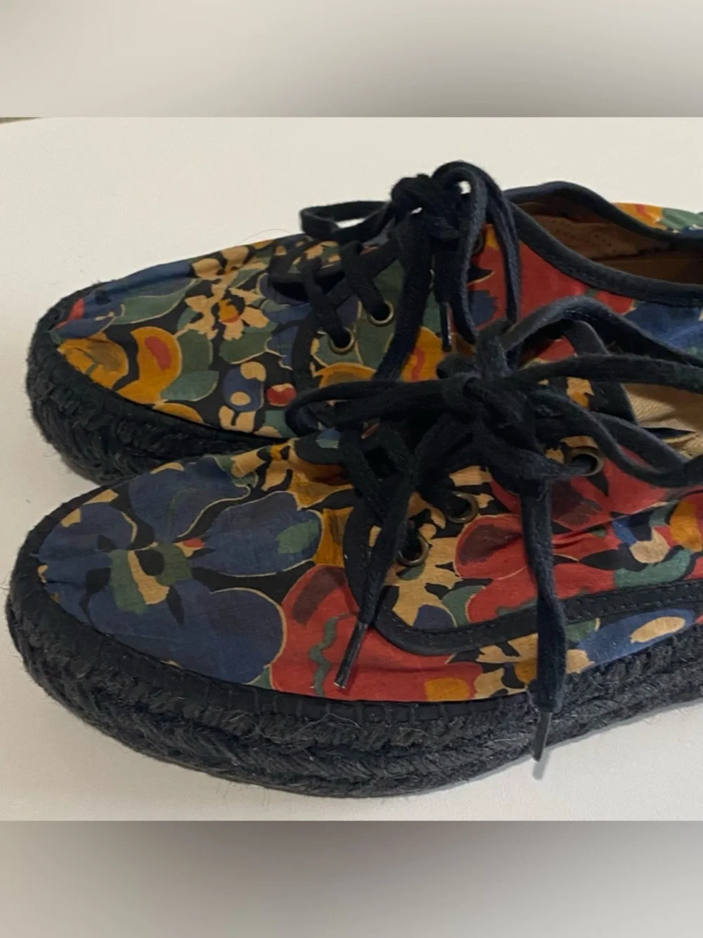 Gianno Espadrilles Black Multi Floral Print Canvas Round Toe Lace Up EU38/US7.5